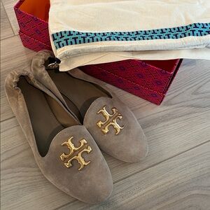 Tory Burch Beige Suede Flats with Gold Emblem